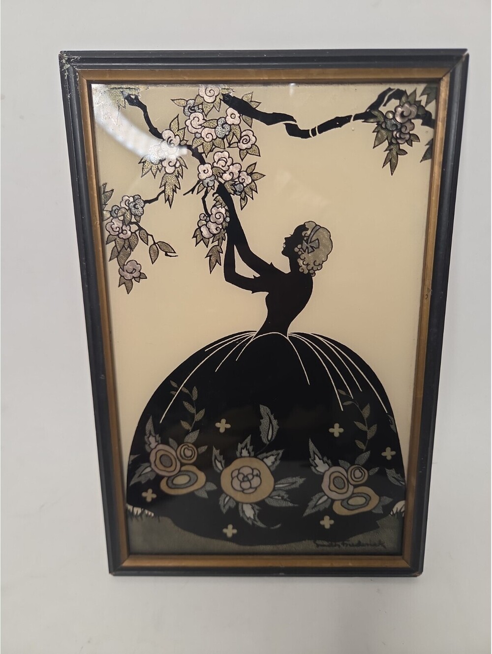 Vintage Smith Frederick Blossom Time Reverse Painted Glass Art Deco Silhouette 1